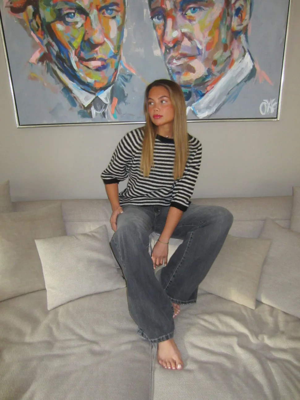 Almina strikket t-shirt med striber - Sort/hvid