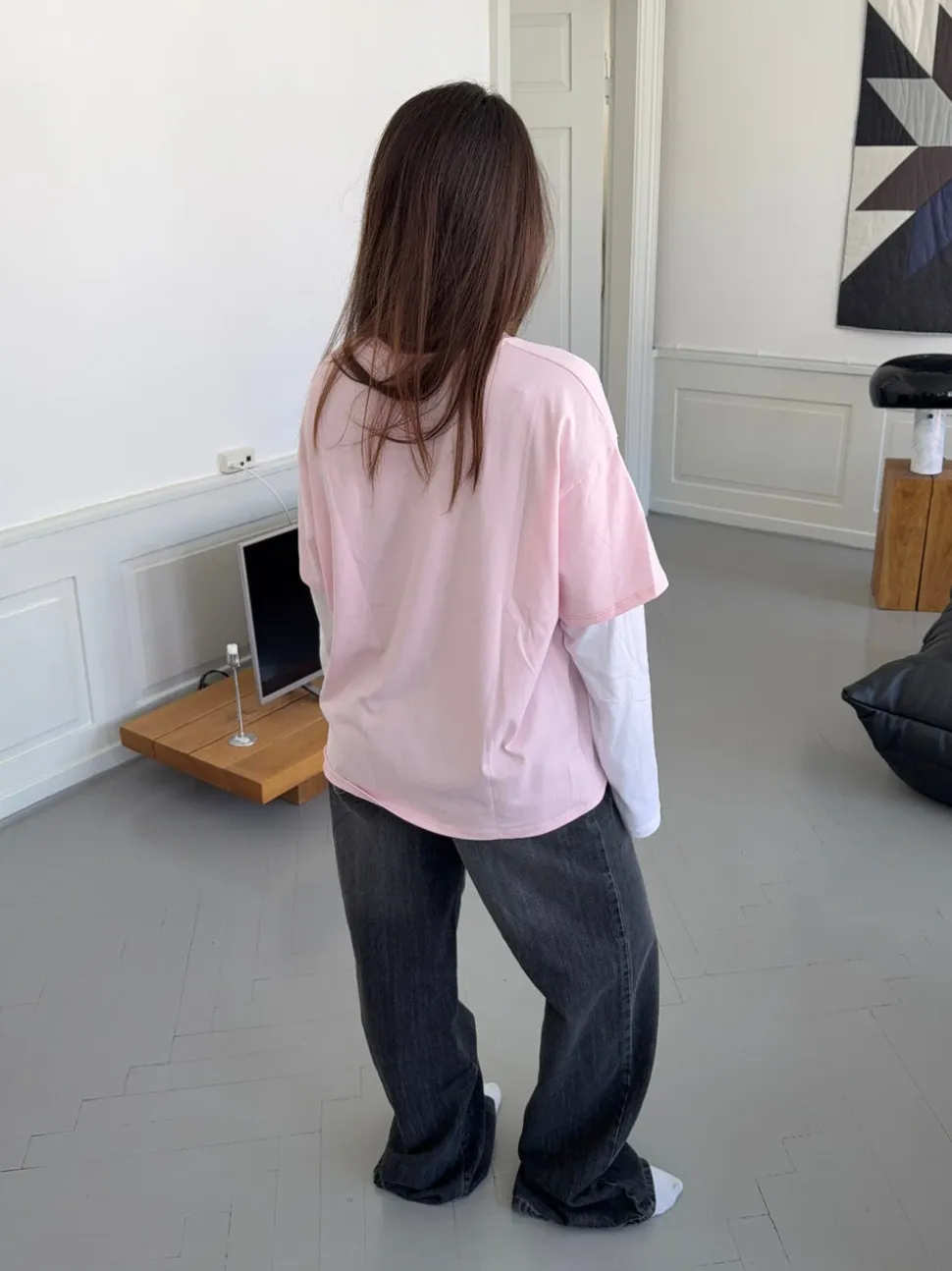 Amalie t-shirt med ærmer - Lyserød/hvid