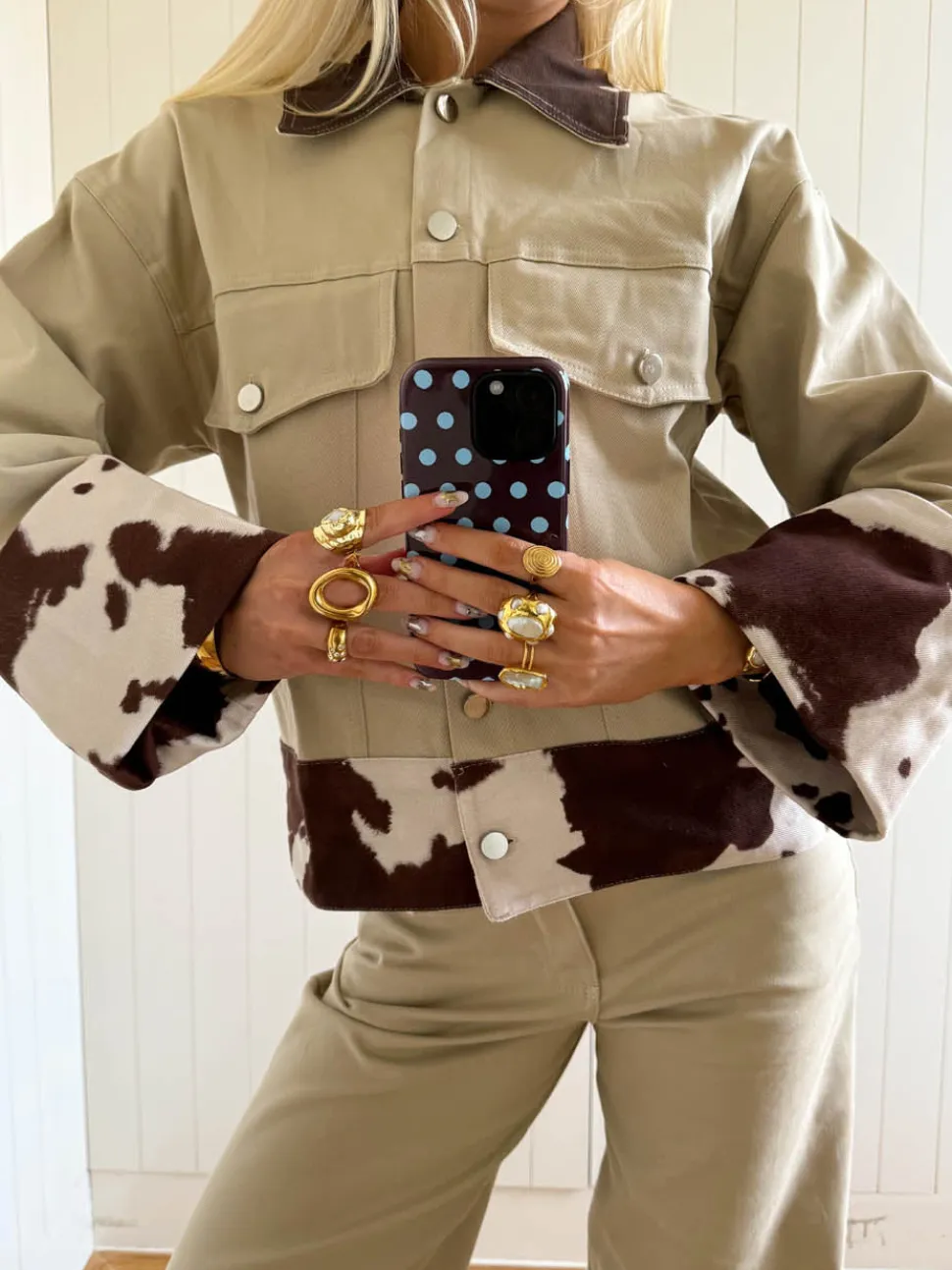 Scandivv denimjakke med koprint - Beige/brun/hvid